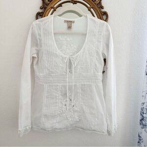 Free People vintage White cotton Embroidered Boho Tie-Front Top, size S